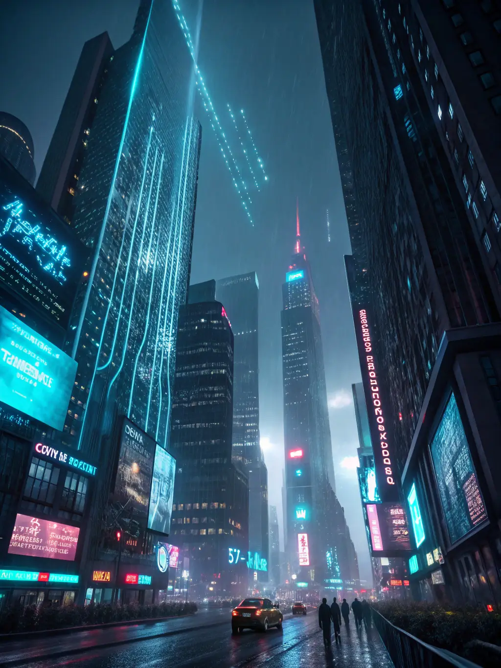 A futuristic cityscape with digital overlays representing data streams and AI-driven insights, symbolizing the future-oriented education at ProfitPulse Academy.