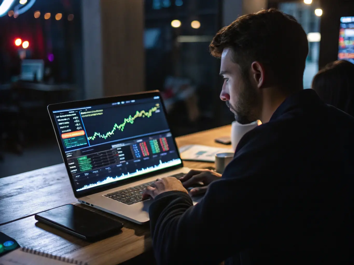 A dynamic image showcasing a student using AI-powered trading software, with financial charts and data streams in the background, symbolizing the practical application of AI in trading at ProfitPulse Academy.