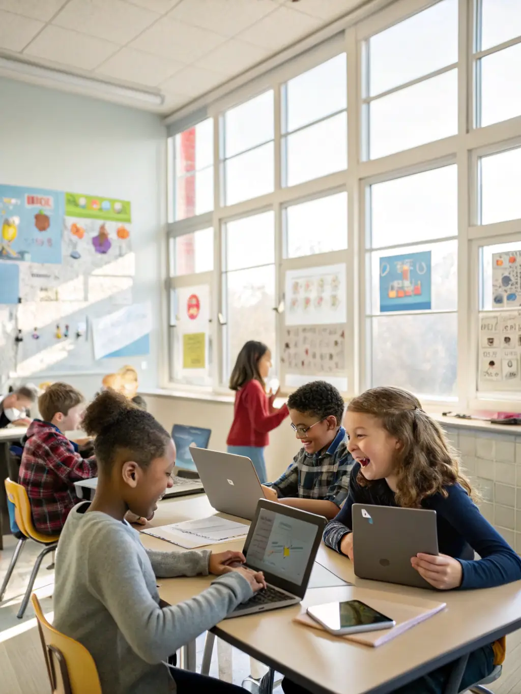 A futuristic classroom with holographic displays showing AI algorithms and interactive learning interfaces, emphasizing the integration of technology in education.