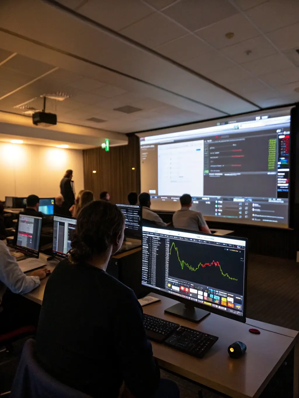 A virtual reality simulation of a trading floor, showcasing the immersive learning experience provided by ProfitPulse Academy's AI-driven education.