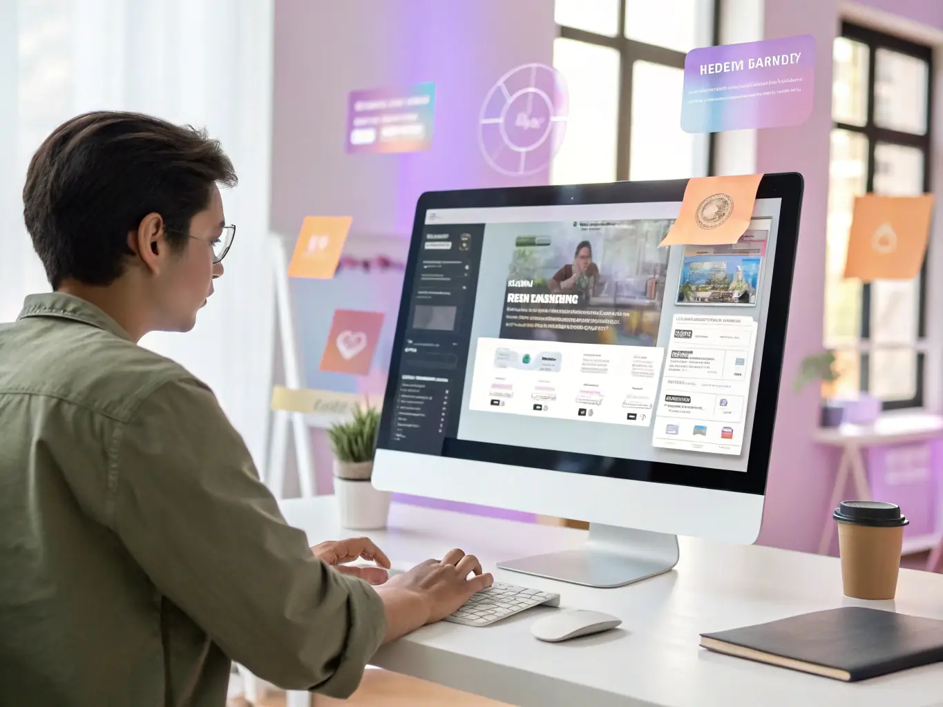 A modern workspace with digital marketing dashboards, automation workflows, and futuristic UI elements, representing the Marketing Automation Bootcamp.